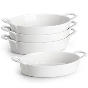 Oval Au Gratin Baking Dish, 22 oz Casserole Dishes for Oven Safe, Ceramic Mini Baking Pan with Handles, Set of 4 Small Au Gratin Pans for Roasting, Lasagna, Pie, Baking Meat & Vegetables, White