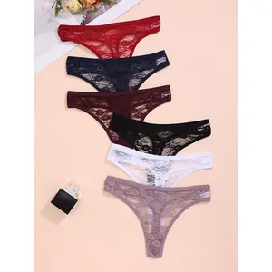 6pcs Women'S Sexy Lace Thongs - Low-Rise V-String Panties with Contrast Lace Trim, Breathable & Comfortable for Casual Attire, Assorted Colors (Black, White, Red, Navy Blue, Burgundy, Dark Purple), Lace Panties, Intimate Apparel, Elegant Design, Soft Fabr