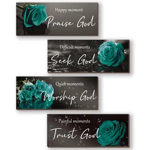 4 count Teal Bathroom Decor Religious Wall Art Turquoise Bathroom  Verse Inspirational Teal Rose Wall Decor Wooden Christian Sign for Home Office Bedroom Living Room Kitchen(Teal 10x4)