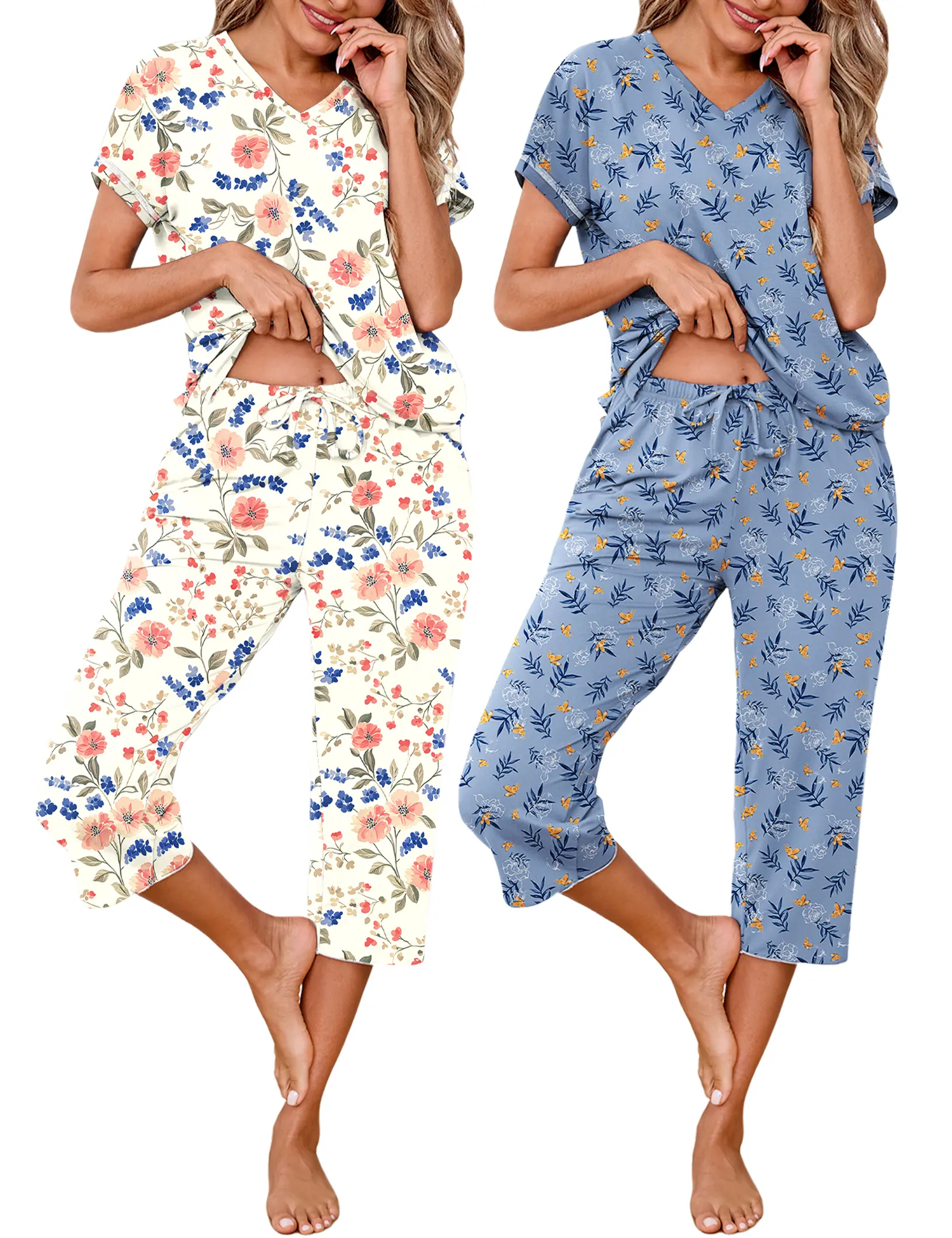 Marvmys Women's 2-Pack Floral Comfy Soft Short-Sleeve Pajama Suits - Lightweight, Elegant Casual Sleepwear with Elastic Capri Pants, Pockets, S-3XL Loungewear