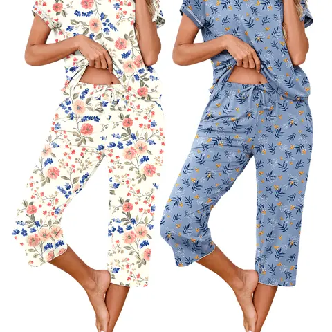 MARVMYS Women's 2-Piece Elegant Geometric Floral Deep V-Neck Short Sleeve Pajama Sets, Lightweight Elastic Capri Cut Pants with Pockets, Soft Tops for Women Home Loungewear Nightwear Outfits