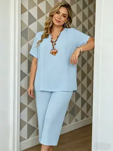 Women's Plus Size Elegant Wide Leg Pants Set Two Piece Solid Short Sleeve Loose Fit Casual Outfit Flowy Trousers Stylish Summer Streetwear Matching Set Mother's Day Gift Idea