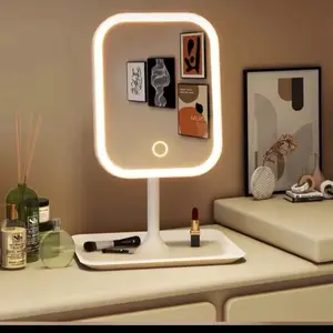 Niche Modern Desktop Vanity Mirror with 3 Color Light LED Makeup Mirror Touching Feature for Women's Bedroom Dressing Table