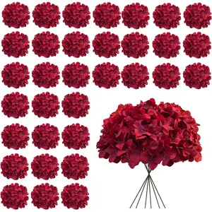 Dark Red Hydrangea Artificial Flowers Bulk, 30 Pcs Faux Hydrangea Flowers Heads, Artificial Fake Silk Hydrangea Flowers with Stems, Red Flowers Artificial for Decoration Wedding Décor
