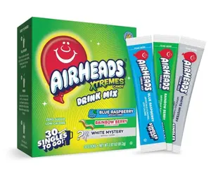 Airheads Xtreme Singles To Go! Drink Mix 30ct Variety Pack, Zero Sugar, Low Calorie, Sweet & Sour Powder Drink Mix Packets, Blue Raspberry, Rainbow Berry, White Mystery, 30 Count