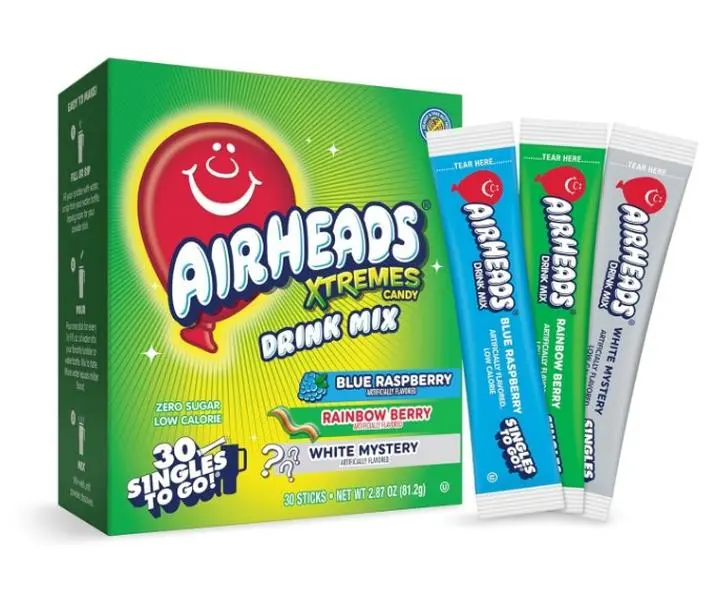 Airheads Xtreme Singles To Go! Drink Mix 30ct Variety Pack, Zero Sugar, Low Calorie, Sweet & Sour Powder Drink Mix Packets, Blue Raspberry, Rainbow Berry, White Mystery, 30 Count
