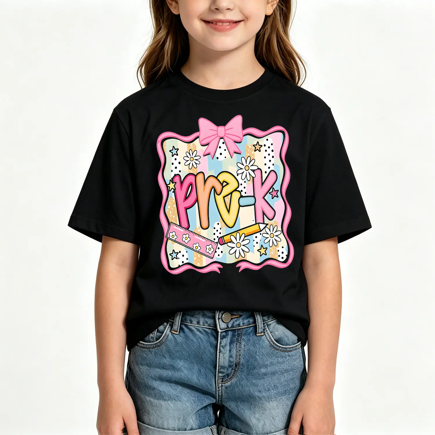 Girls Pre-K Cotton T-shirt with Bow and Alphabet Design Colorful Letter Print Round Neck Top Machine Washable for Spring Summer School Outfits Back to School Season Apparel
