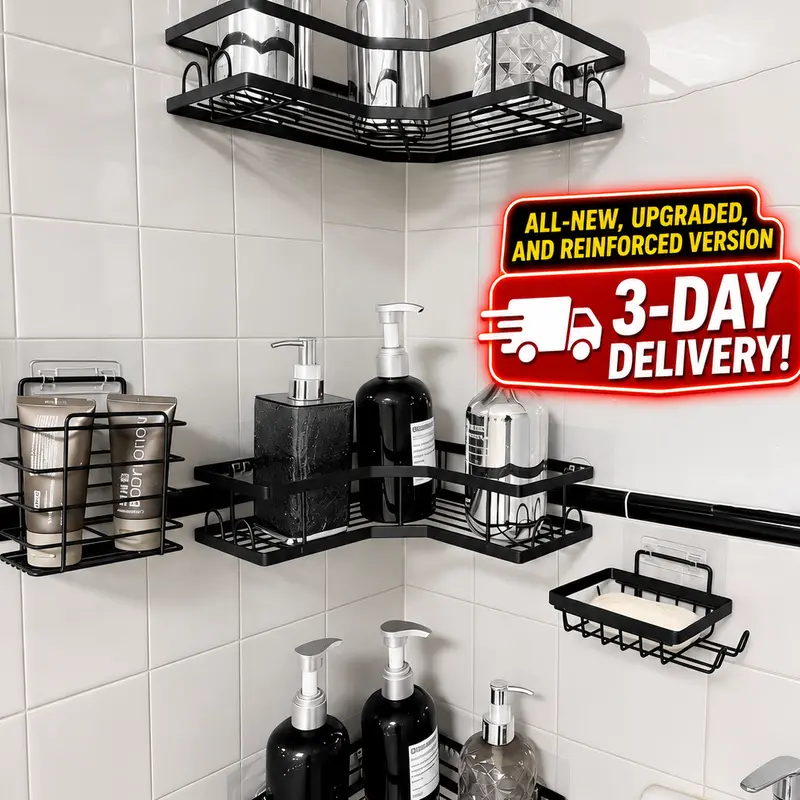 Blush Pink 5-Piece Rust-Resist Steel Self-Adhesive Wall-Mounted Shower Organizer Caddy Set - 5-Slot Storage, No-Drilling Quick Stick Setup, Durable Hollow Round Box, Large-Capacity for Shampoo, Body Wash, Beauty Products, Bathroom Decor