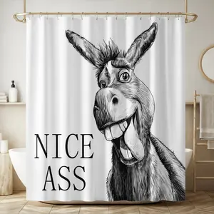 1/4pcsHumorous Donkey 'NICE ASS' Bathroom Shower Curtain Set - 4 Piece (Curtain, Bath Mat, Toilet Seat Cover, Decor Card) - Black & White Cartoon Art, Bold Text, Modern Clean Bathroom Decor - Ideal for Funny Gift or Home Accent