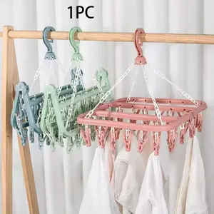 1pc Foldable Plastic Hanger with 32 Clips Multi Functional Windproof Socks Clips and Drying Hanger Clothes
