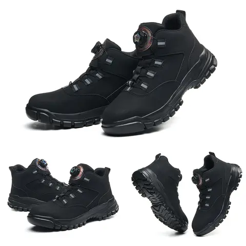 Shenganton Men's Chic Closed Toe Steel Toe Work Boots - Construction-Grade, Anti-Puncture, Waterproof, Anti-Slip Outsoles, Breathable High-Top Laced Footwear with EVA Figustructible Patchwork for Construction Work; Worker Utility Gear