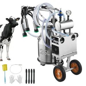 Electric Cow Milking Machine With 6.6 Gallon (25 Liter) Stainless Steel Bucket, 304 Grade, Food-Grade Teat Cups And Silicone Hose, Strong Suction, Vacuum Pulsation, Mobile Electric Milker With Wheels For Dairy Cattle