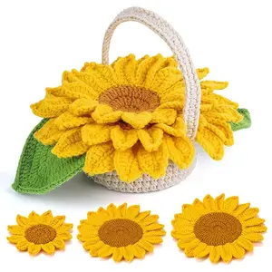 Beginner Crochet Kits, 5-Piece Sunflower Coaster Set, Plant Crochet kit, Adult Crochet Beginner Kits, with Step by Step Guide Video, Sunflower Crochet Material Tool