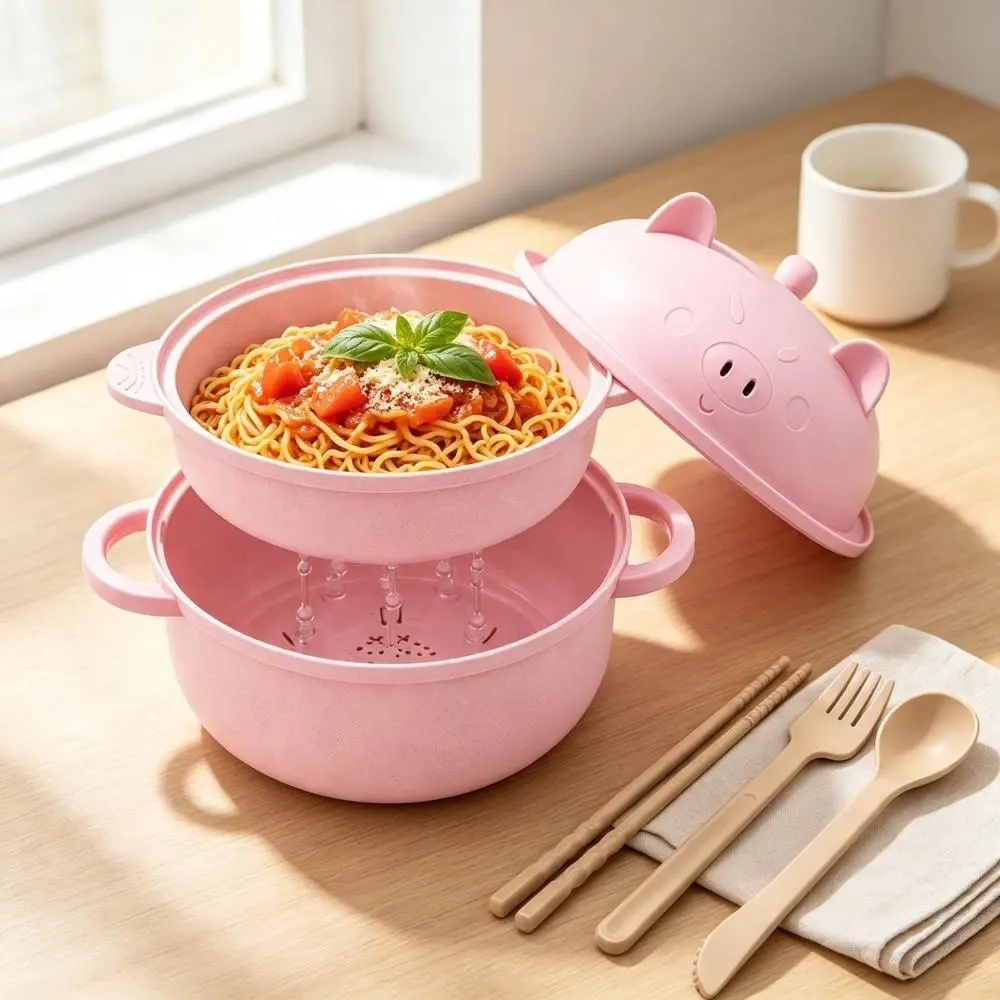 Student Dorm Wheat Straw Ramen Bowl Set - Microwave-Safe Bowl with Spoon, Fork, Chopsticks (Blush Pink)