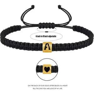 Initial Bracelets for Women Men Woven Rope Braided Letter Bracelet Gold 26 Alphabet Handmade Adjustable Black String Bracelet Jewelry Gifts - A