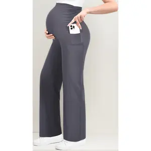 Maternity Wide-Leg Lounge Pants with Pockets – Over The Belly Soft Stretchy Pregnancy Wear. Comfortable Bottoms for Home, Daily Wear & Postpartum. Breathable & Adjustable.