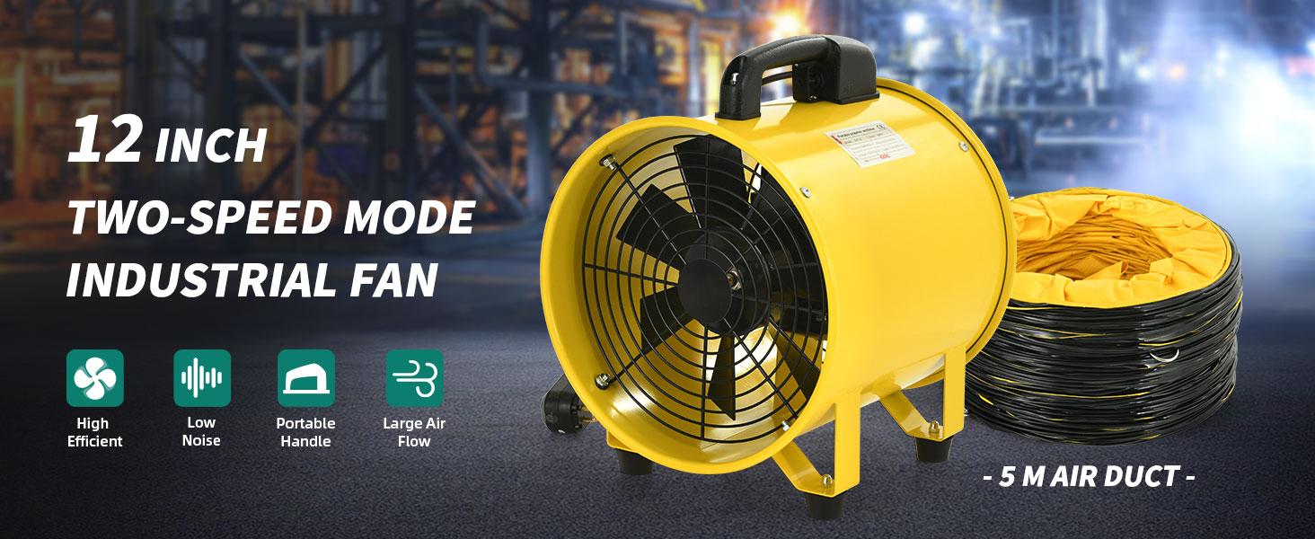 YITAMOTOR Two Speed Exhaust Fan 12 Inch, Utility Blower Extractor Fan with GFCI Plug Automatic Power-off Protection, Portable Ventilation Fan with 16FT /32 FT Ventilator Duct Hose
