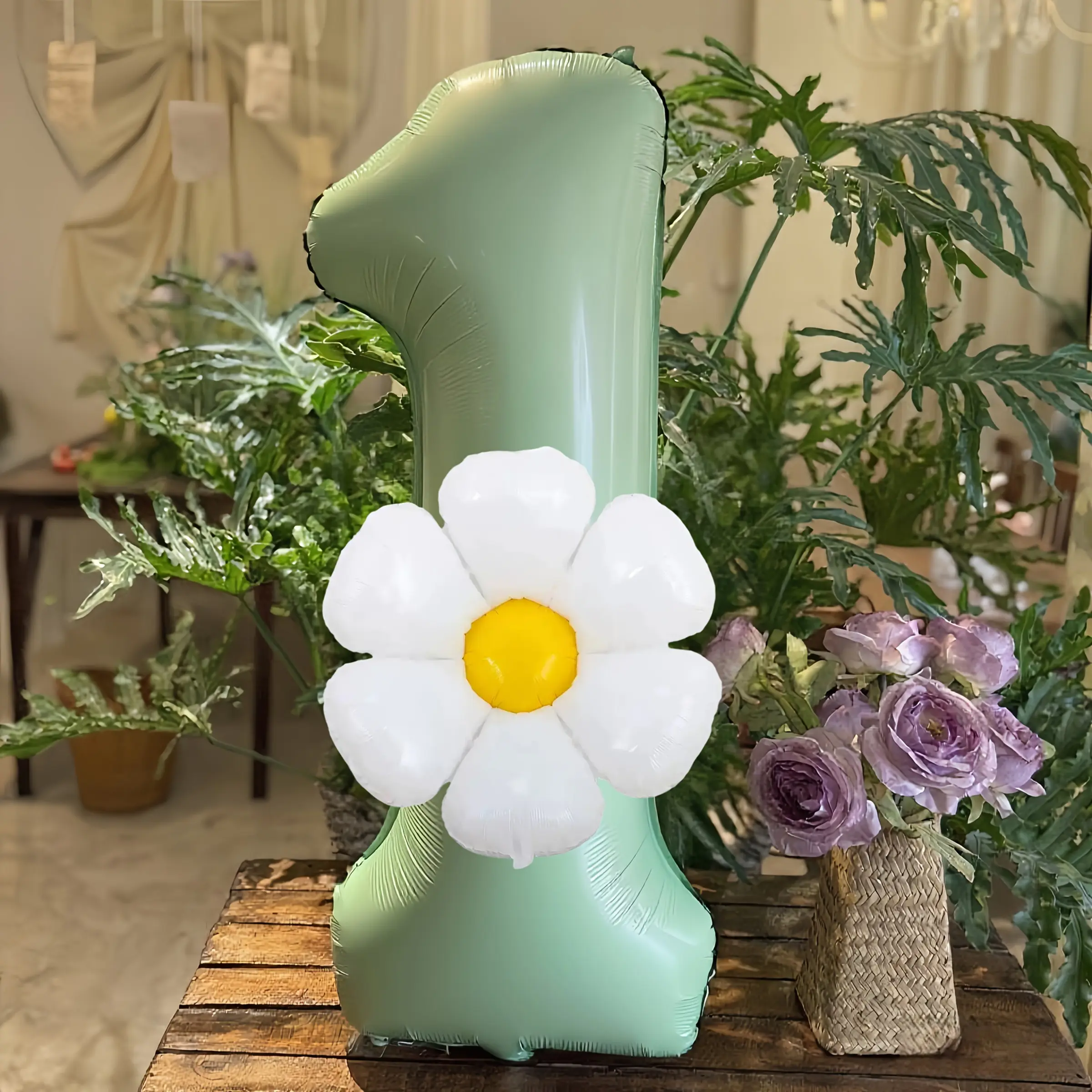 2pcs Soft Mint Green And White Daisy Foil Balloons, Home Balloons, Balloon Set - Letter Balloons, Large Alphanumeric Shapes, Suitable For Birthday Party Decorations, Anniversaries, Holidays, Indoor/Outdoor Celebrations