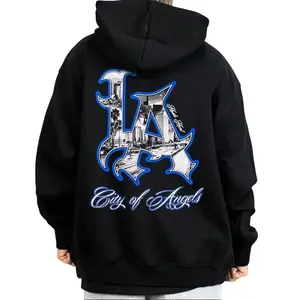Men's LA Art City Chicano Mexican Lowrider Oversized Graphic Hoodie/Sweatshirt - Medium-Heavy Cotton-Polyester Fabric, Long Sleeve, Loose, Button-Accent, Casual Tops