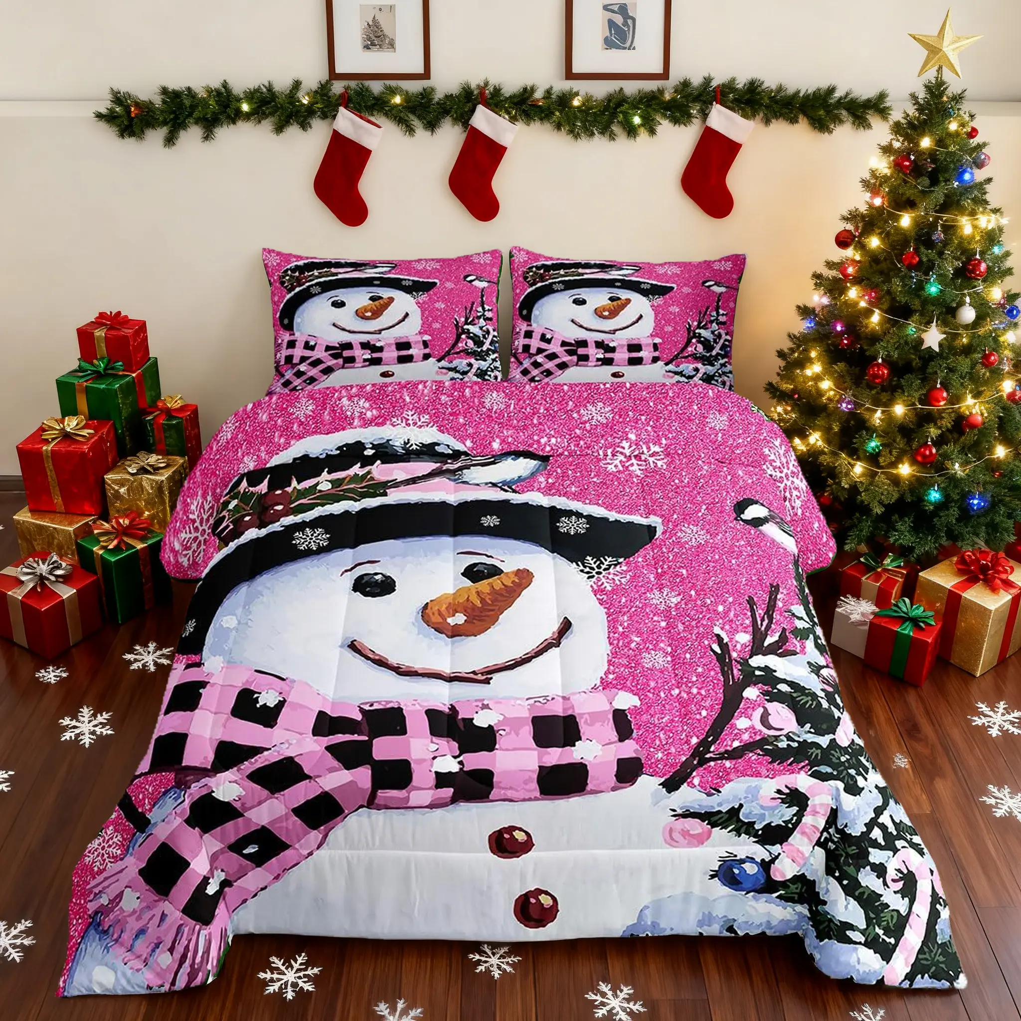 Luxury Toddler 2-Piece Duvet Set - Cute Christmas Digital Print Bedding with Snowman, Snowflake Kawaii Designs, Breathable Rose Red Fabric, Twin/Full Sizes, Geometric Accents, for Kids' Birthdays & Bedroom Decor, Digital Prints, Multi-Size