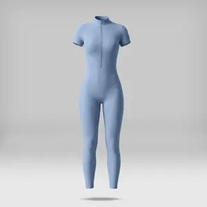 NVWA Women's Slim-Fit Short Sleeve Half-Zipper Stand Collar Highly Elastic Solid Color Jumpsuit - Sportswear Jumpsuits, Stretchable Activewear for Yoga, Pilates,summervibes