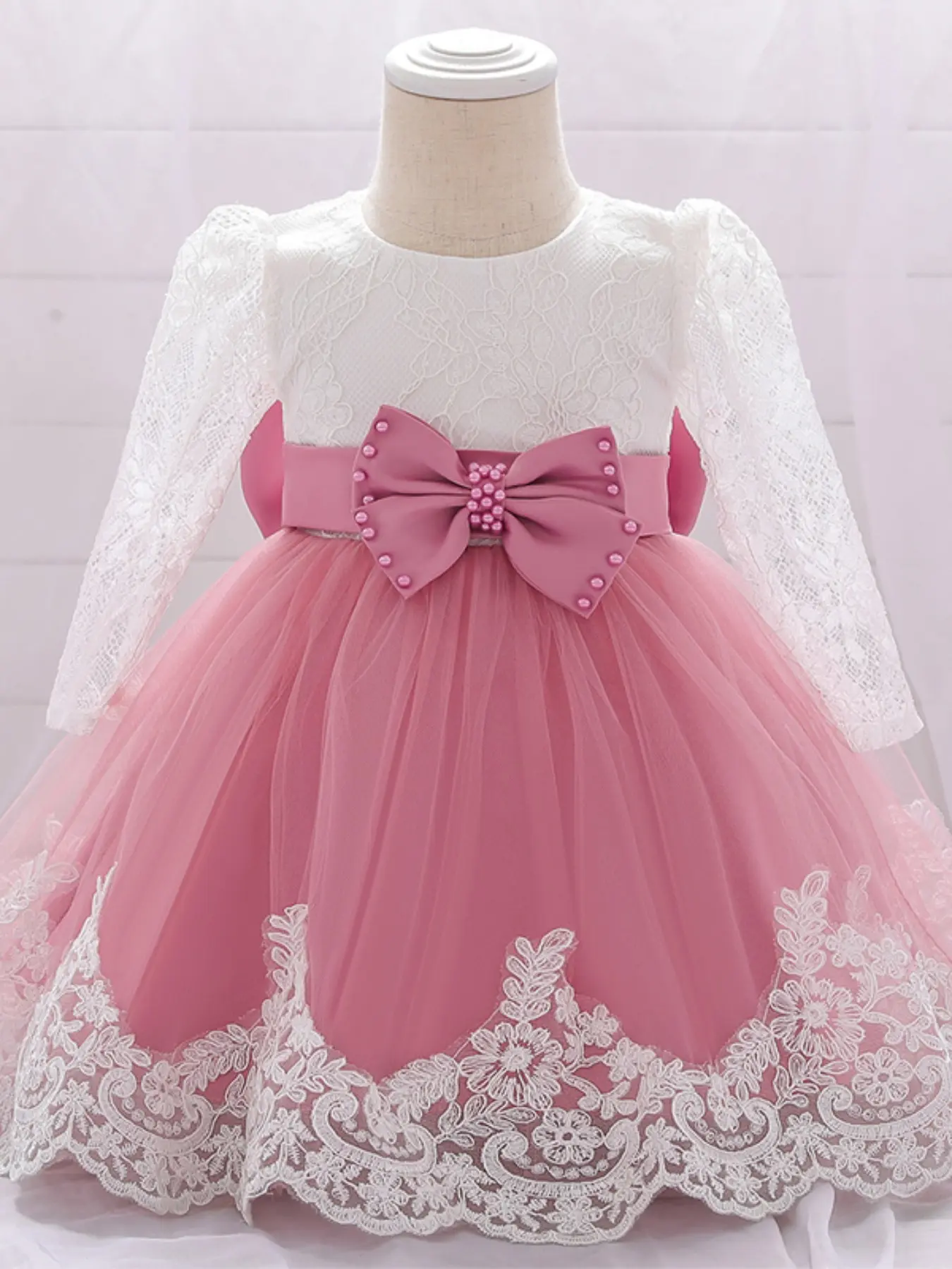 6 Months to 2 Years White Lace Tulle Long Sleeve Dress Beads Embroidery Bow Baby Girls Clothes Baby Clothing Anniversary Infant Birthday Party Dresses Toddler Pageant Ball Gown Princess Baptism Frock for All Season