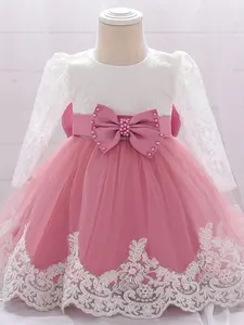 Pink Baby Girl Clothes Big Bow Long Sleeve Embroidered Infant Christening Cocktail Toddler Baptism Pageant Birthday Party Ball Gown Princess Dress, Flower Dress, Bombshell Baby Dress