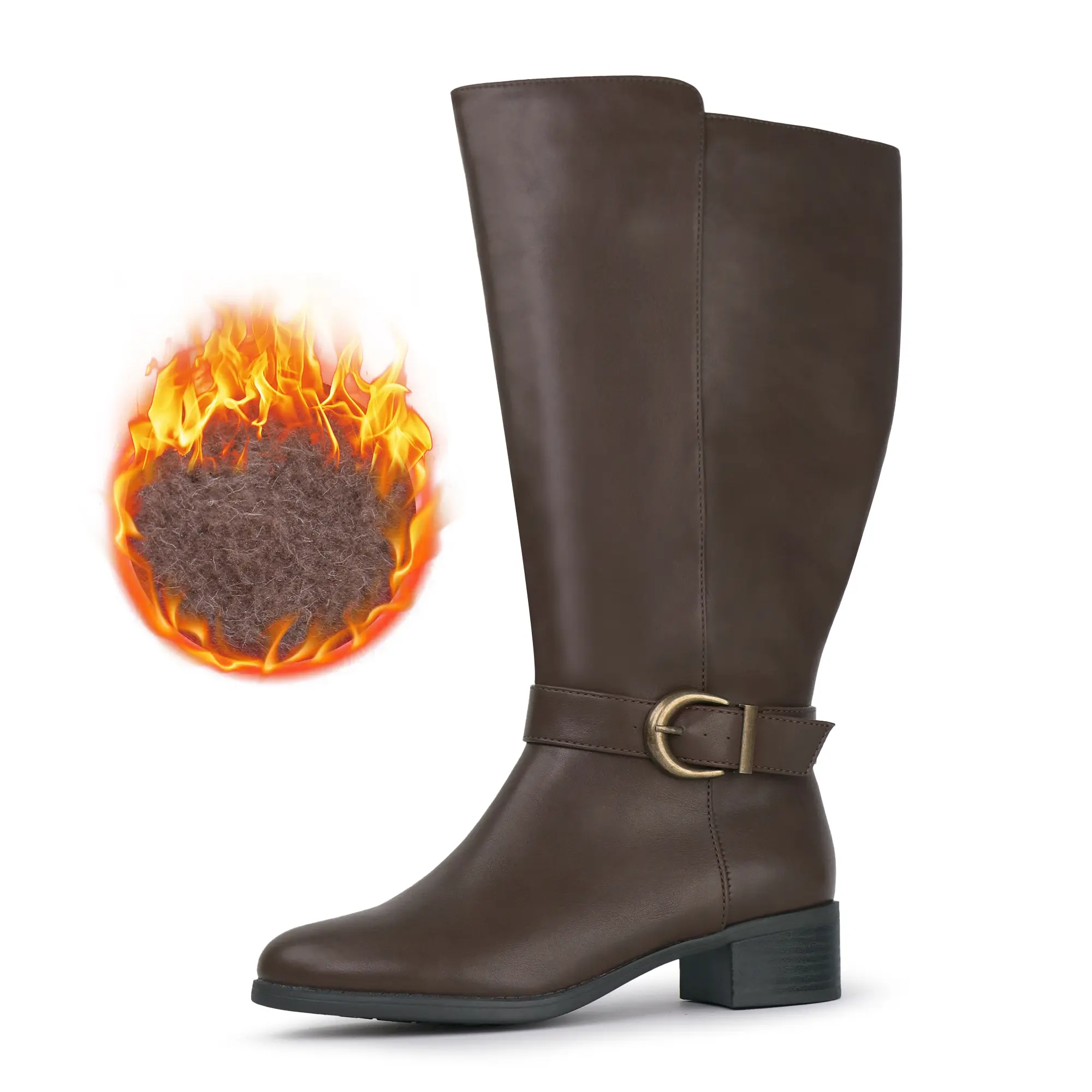 Hawkwell Women's Extra Wide Calf Winter Boots - Pull-On Design, Cozy Shearling Lining, Side Zipper, Round Toe, Cuban Heel, Casual Daily Footwear