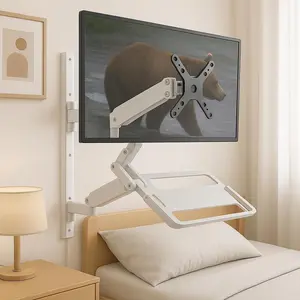 ZeboZap ZLTV8022 Wall  Mount with Keyboard Tray | Fits 17"-43" | Single  Wall Mount + Laptop Holder Tray | Work from Home Office Station, Bedside & Healthcare | White | 26.4lbs