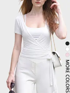 1 V-Neck Wrap Top Women | Fitted Side Tie Ruched Short Sleeve Blouse | Y2K Coquette Casual Daily Going Out Wear | Minimalist Vacation Brunch Outfit