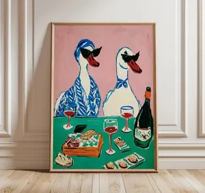 [Sale Up To 40%] [Unframed] Duck Wine Party Art Print, Quirky Animal Poster, Retro Wall Art with Ducks and Wine, Fun Dining Room or Kitchen Decor