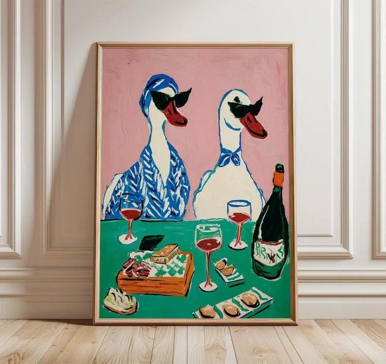 [Sale Up To 40%] [Unframed] Duck Wine Party Art Print, Quirky Animal Poster, Retro Wall Art with Ducks and Wine, Fun Dining Room or Kitchen Decor