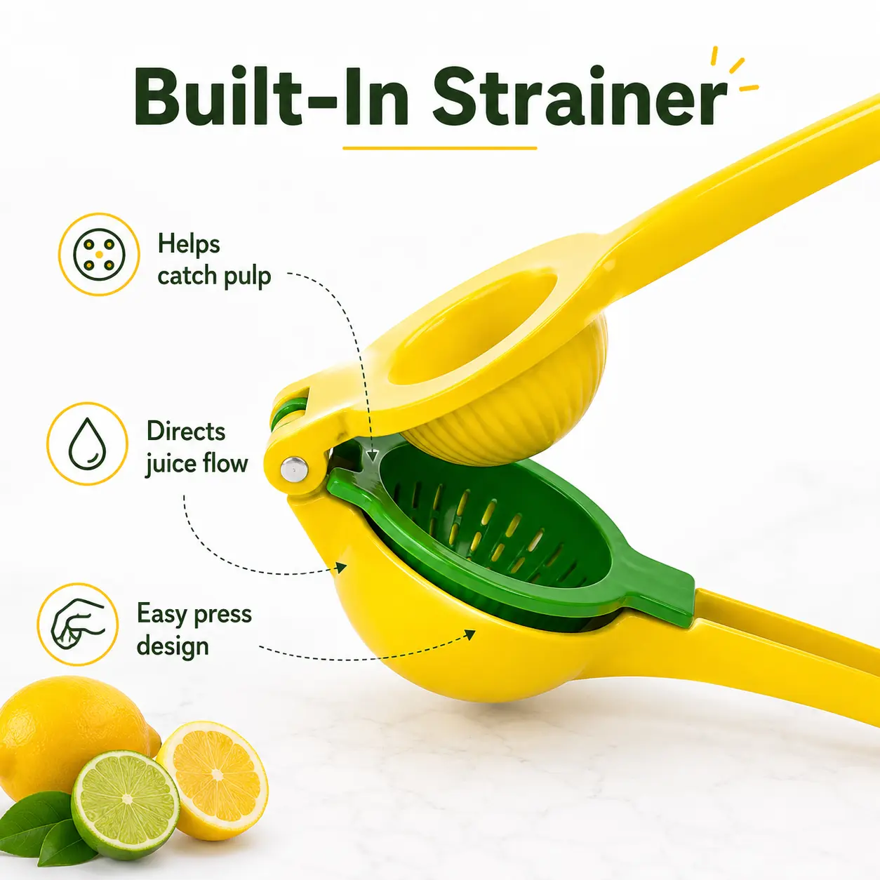 Manual Citrus Squeezer with Built-In Strainer - Handheld Fruit Juice Extractor, Easy-Press Kitchen Tool for Lemons, Limes, Small Oranges, Cocktails