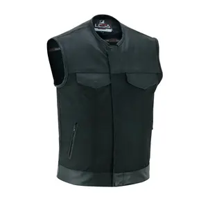 Collarless Men’s Cordura Motorcycle Vest – Textile Biker Vest with Cowhide Leather Trim, Concealed Carry Pockets & Dual Closure