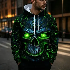 Men's skull print hoodie with kangaroo pocket, casual long sleeved hoodie, suitable for outdoor wear