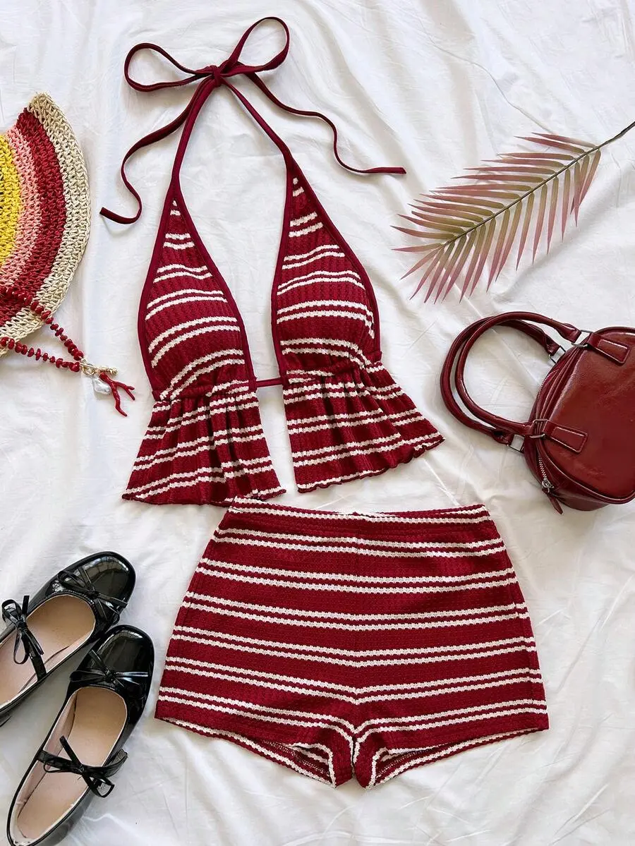 INAWLY Women's Summer Vacation Striped Halter Neck Ruffle Hem Top And Shorts 2 Pieces Set Two Piece Vacation Outfit Two Piece Beach Outfit Two Piece Summer Outfits Striped Two Piece Set Boho Two Piece Set Valentine's Day Sexy Outfit Ideas,Mardy Gras Musi