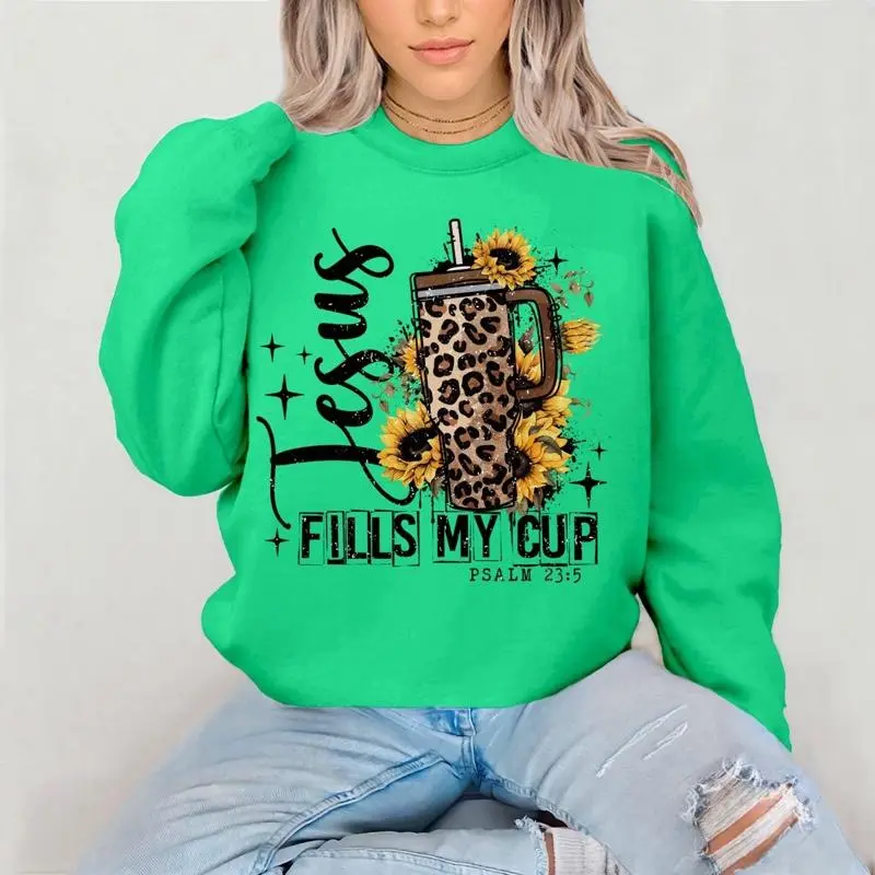 Jesus Fills My Cup Crewneck Sweatshirt Gildan Everyday Style Cotton Super Soft Unisex Fit Streetwear Vintage Graphic Top Womenswear Casual Printed Long Sleeve