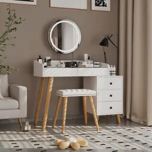 Dressing Table with LED Lights Glass Top Dressing Table with Extendable Side Table 5 Drawers Dressing Table with Mirror and Stool for Bedroom