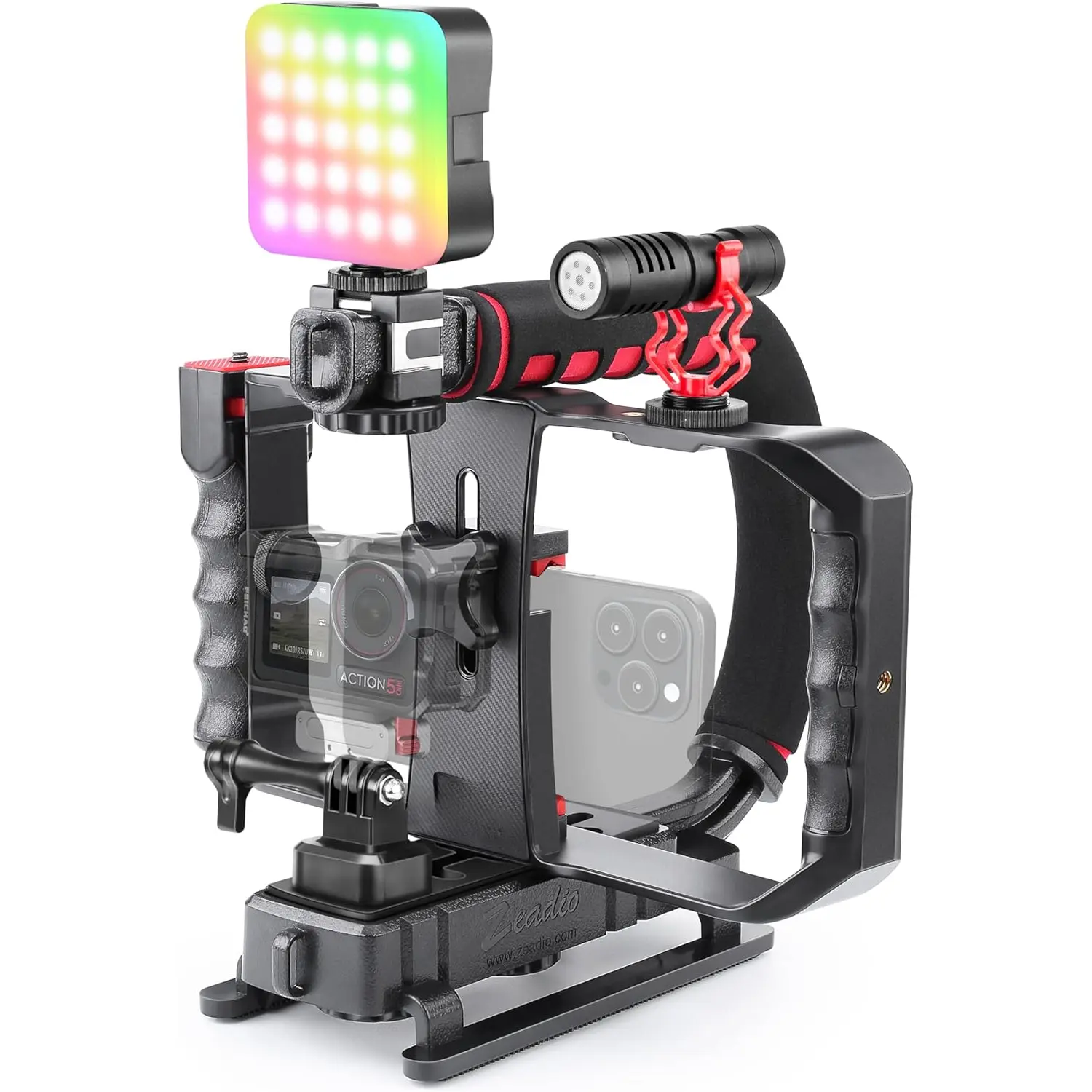 Smartphone Camera Stabilizer Kit, Portable Handle Grip Handheld Video Rig with RGB Video Light and Microphone, Fits for  Camcorder, Camera, DSLR and   and Android Smartphones