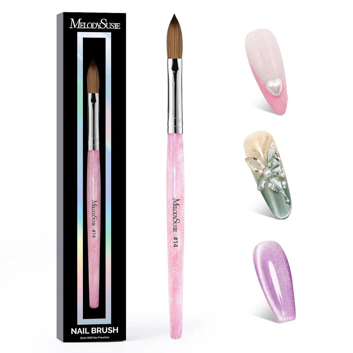 Kolinsky Acrylic Nail Brush,66% Kolinsky Hair Professional Nail Art Brush for Acrylic Application, Aurora Collection Fine Glitter Brush,Size 14