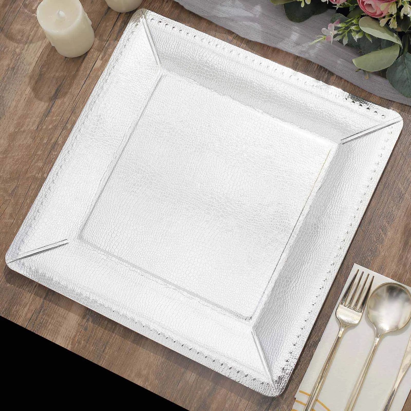 10-Pack Disposable Square Party Plates, 13in Silver Leather-Like Texture Sturdy Paper Chargers, 1100GSM Disposable Tableware for Weddings, Charger Plates