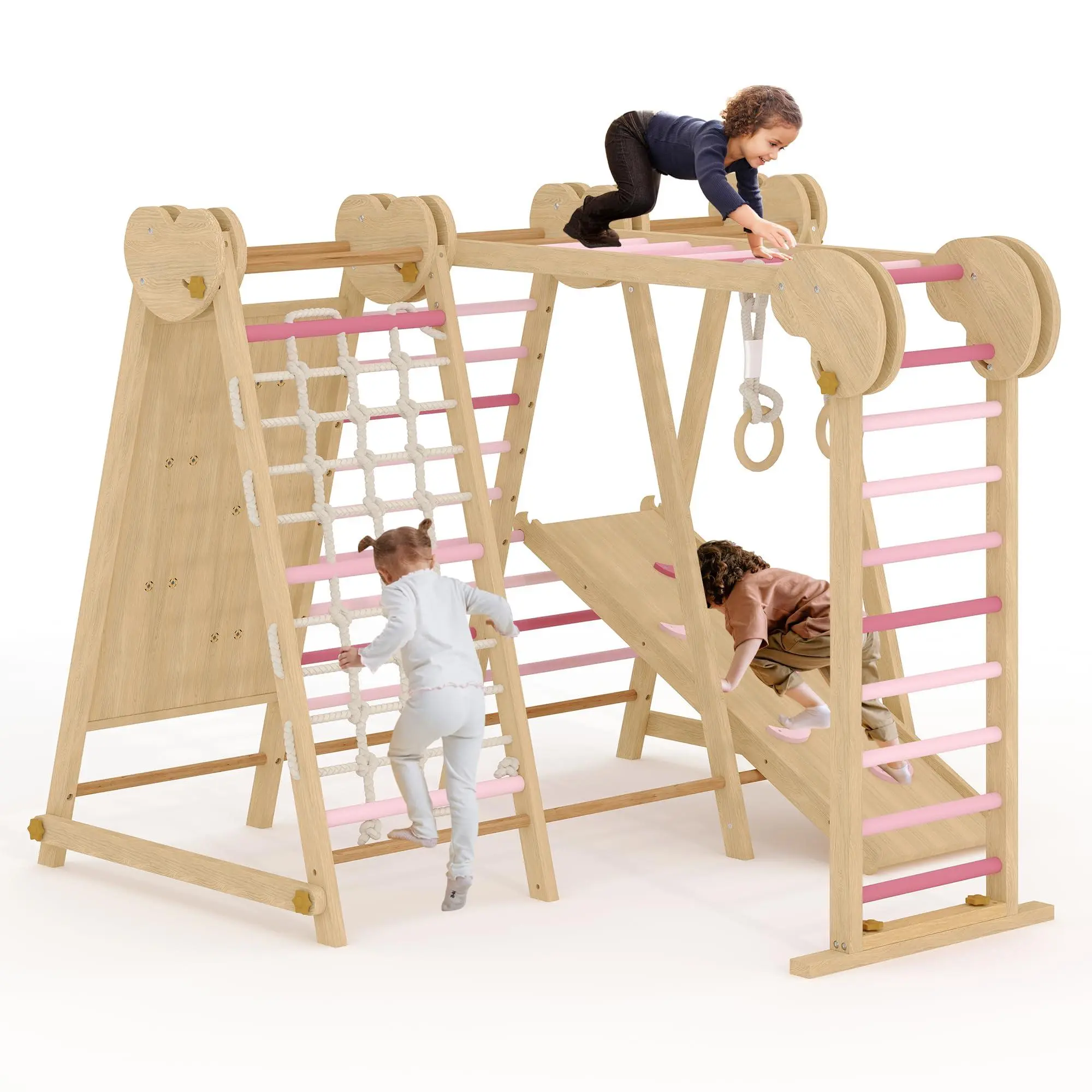 GAOMON 7-in-1 Wooden Indoor Jungle Gym for Kids 2-8, Toddler Playground with Slide Climbing Wall Monkey Bars, Climbing Playset