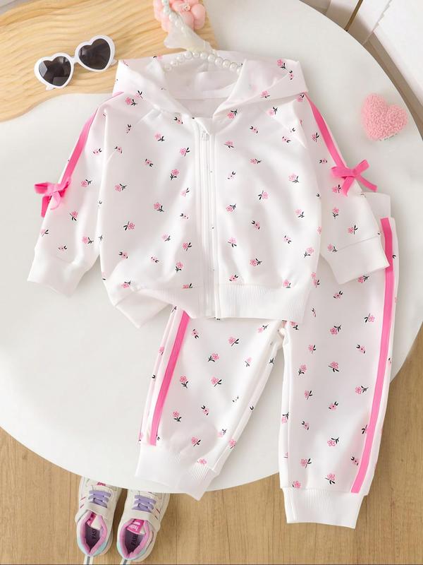 Girls Spring Autumn Floral Printed Hooded Zipper Jacket & Cuffed Long Pants Set, Toddler Cute Stylish Two-Piece for Girls, Baby Clothing