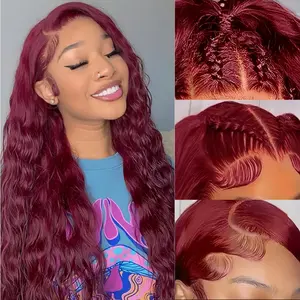 99J Burgundy Deep Wave Lace Front wigs Human Hair Pre Plucked Ombre Highlight 4/27 Deep Wave 13x6 Lace Frontal Human Hair Wigs with Baby Hair for Women Natural Black 180% Density