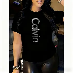 100% Cotton Women's Black T - Shirt  Glitter Text Graphic Tee Stylish And Eye - Catching Top With 10 Colors Available For Casual Daily Wear Outings And Fashion - Forward Style Statements