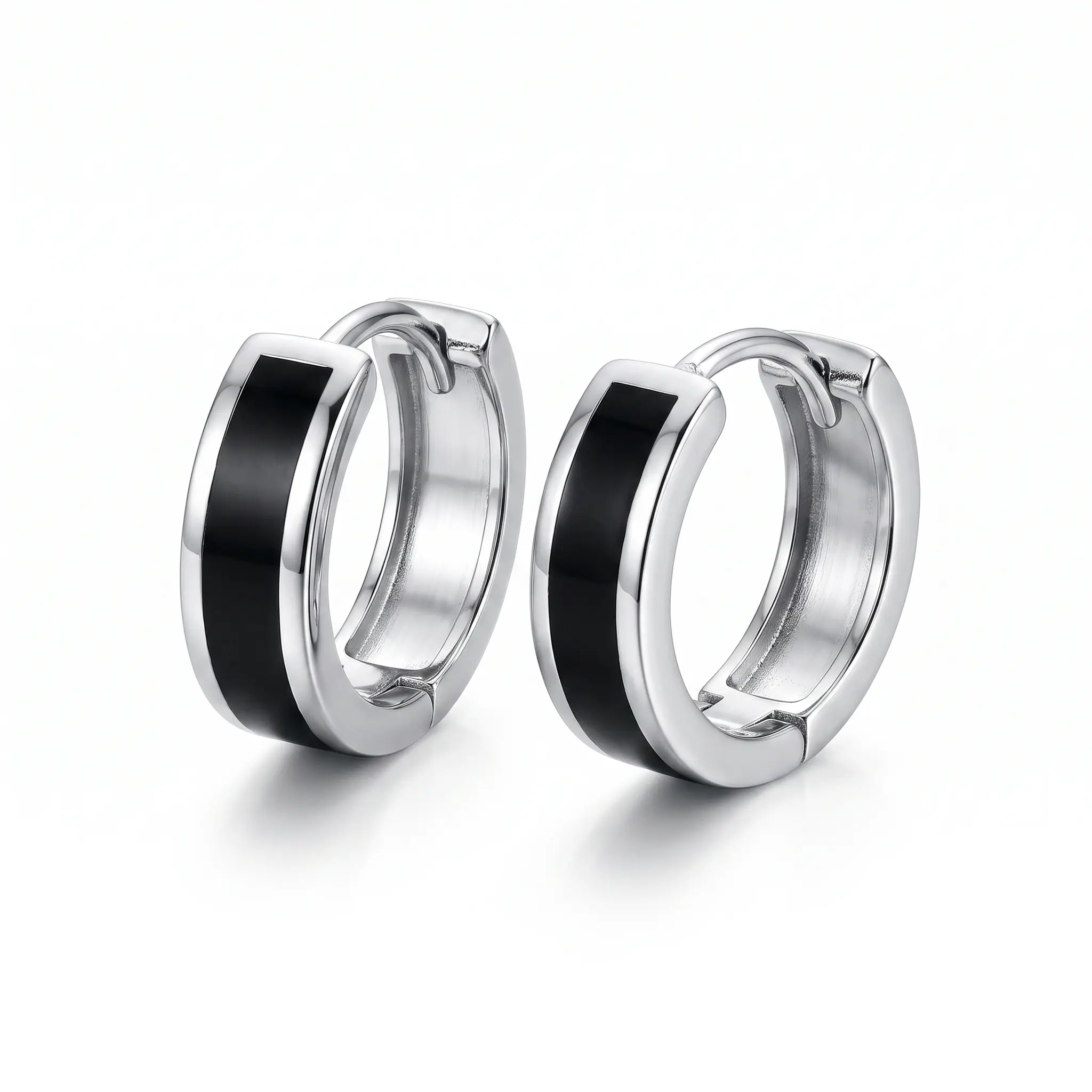 S925 Earrings - Sterling Silver with Black Inlay - Minimalist Design - Perfect for Daily Wear - 2 Pieces