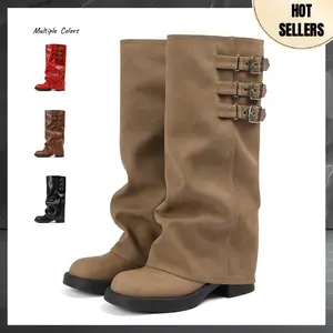 Women's Knee High Boots Pull On Buckle Boots Fall Slouchy Fold Over Tall Knee High Boots  Slouchy Fold Over Motorcycle Riding Boots With Buckle Women's Wide Mid Calf Casual Comfortable Moto Biker Winter Boots AOSPHIRAYLIAN summerwins