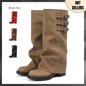 Women's Knee High Boots Pull On Buckle Boots Fall Slouchy Fold Over Tall Knee High Boots  Slouchy Fold Over Motorcycle Riding Boots With Buckle Women's Wide Mid Calf Casual Comfortable Moto Biker Winter Boots AOSPHIRAYLIAN summerwins,summerwins