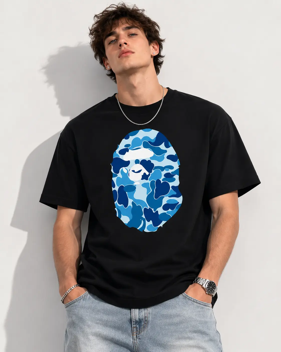 NEW 2026 Blue Camo Graphic Tee Black Short Sleeve Crew Neck Casual Summer T-Shirt with Iconic Ape Head Design