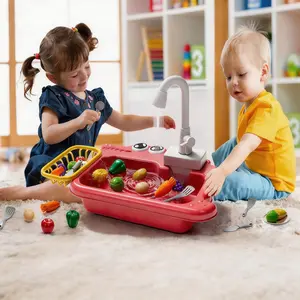 Electric circulating water pretend play cleaning set—fun role-play dishwashing toy featuring realistic faucet, realistic props, and a complete kitchen utensil accessory set, An excellent gift choice for toddler boys and girls for birthdays and holidays